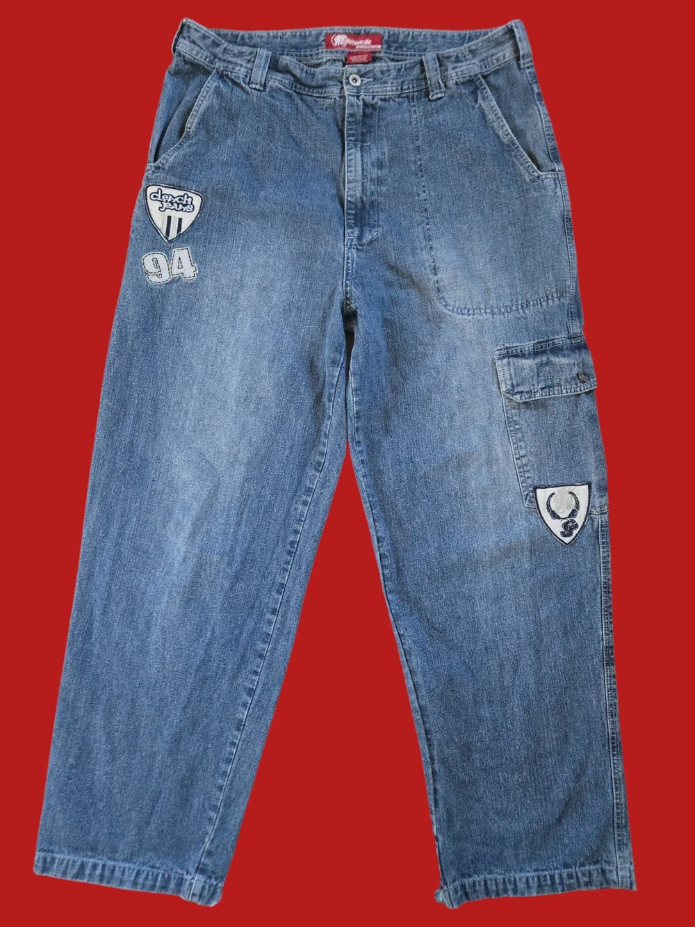 Y2K Clench Jeans baggy cargo denim pants with patch embroidery designs - 36x32